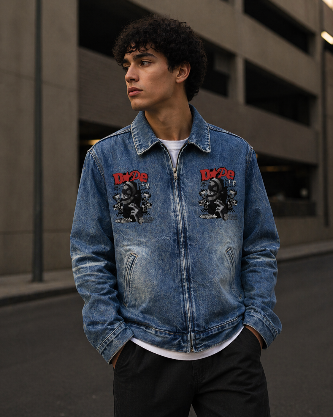 Vintage Wash Zip Up Denim Jacket ODMPOD